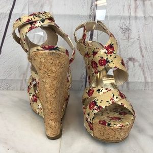 Bamboo Floral Ankle Buckle Cork Wedge Shoes